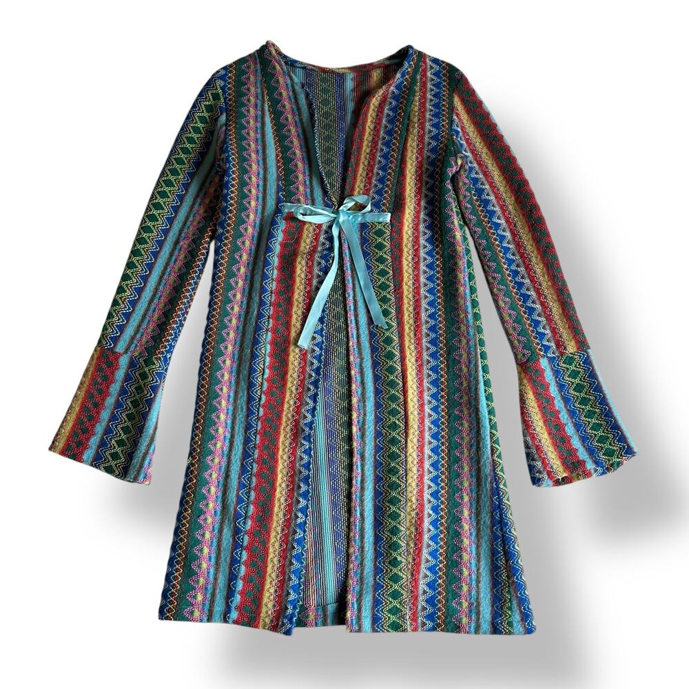 Vintage Psychedelic Knit‎ Duster Cardigan Rainbow ZigZag Stripe Bell Sleeve XS-S